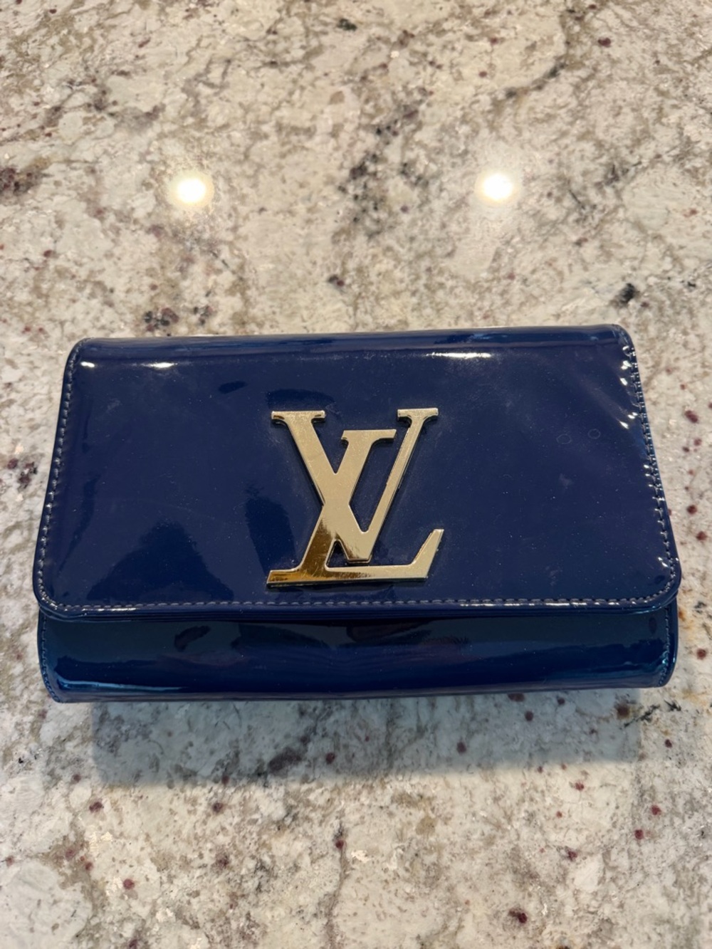 Designer Navy Patent Leather Wallet with Gold LV Emblem